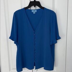 CeCe Royal Blue V-Neck Ruffle Sleeve Blouse